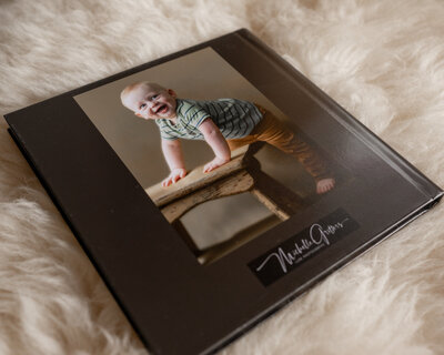 Back cover of a fine art album on a fur blanket