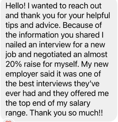 Client testimonial for a career strategy expert, highlighting professional guidance and impactful career insights.