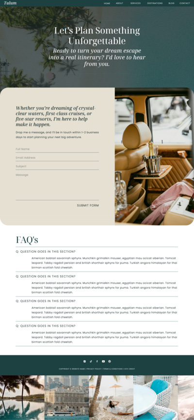 Contact page of Tulum Showit template with luxe travel inquiry form