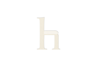 Lowercase serif letter h graphic on a dark background for branding overlay.