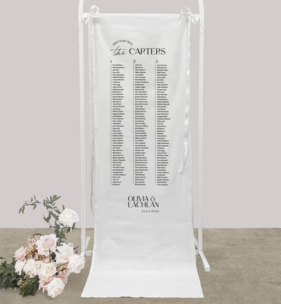 Blak print on white linen cloth seating chart