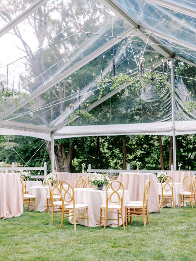 Reception tables and tan chairs with floral centerpieces underneath a clear tent