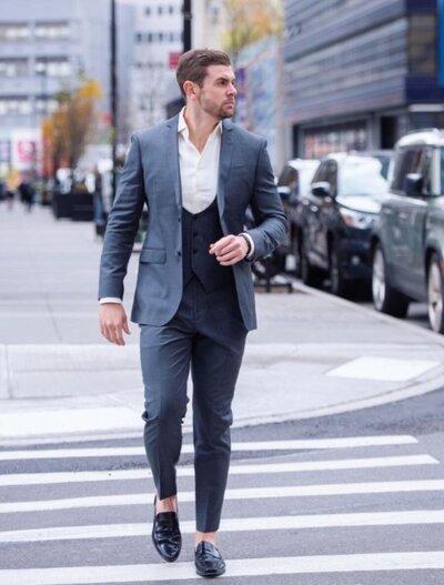 Man walking in style with classic, versatile wardrobe pieces