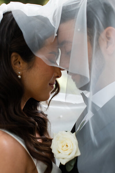 bride and groom in a garden