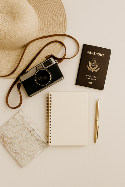 Flat lay photo of travel essentials including a camera, sunglasses, passport, coffee mug, and map, representing a stress-free travel planning tip.