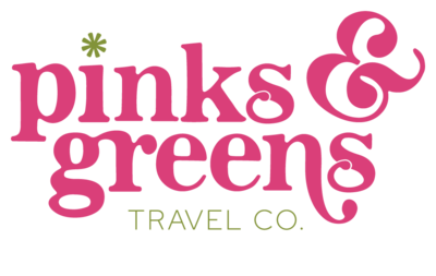 Pinks & Greens Travel Co. Logo shows a workmark logo in bright pink with bright green accents.