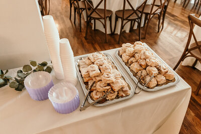 Cups, Plates, Cinnamon Rolls For Wedding Dessert Table