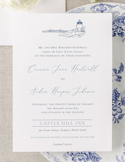 Semi custom wedding Invitation featuring bridge and lighthouse