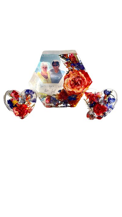 bright wedding flowers perfectly preserved in book end resin blocks 
