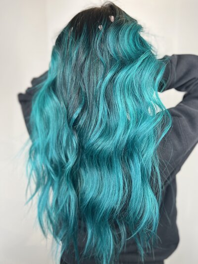 Image of client with dark hair that has been dyed blue.