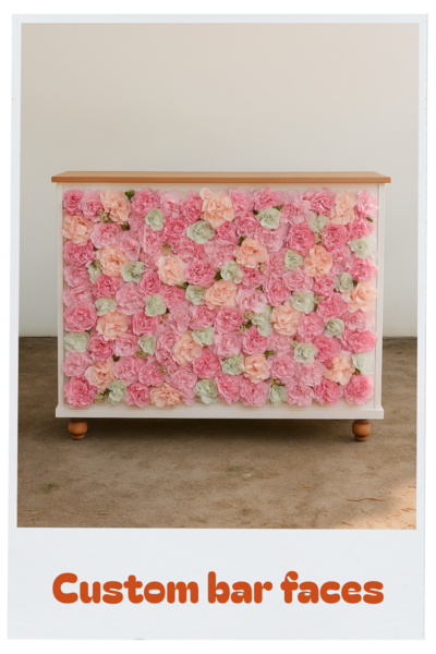 mobile bar with pink flowers on the front - a custom mobile bar for hire in tampa bay florida by Wish You Were Here Mobile Bar