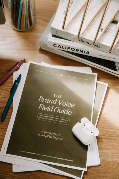 A green cover page for a brand voice guide printout