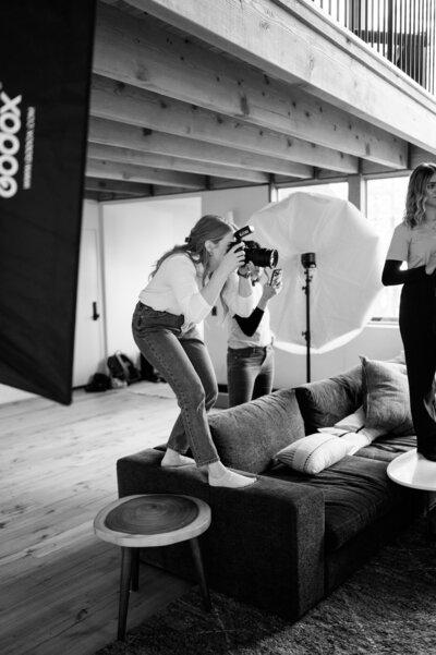 On set at a brand session for a business coach in Lake Arrowhead, California