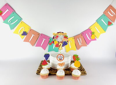 Tutti fruit cake topper and banner flag with fruit