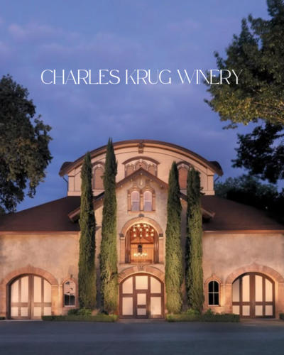 Grand stone winery exterior at Charles Krug, a historic wedding venue in the heart of Napa Valley.