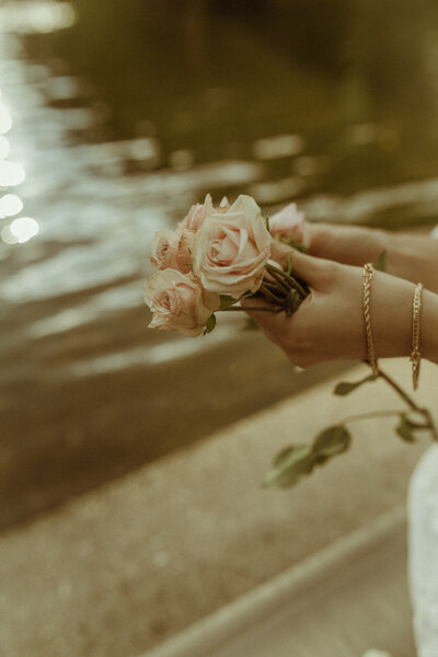 Female hands holding 3 blush pink roses over a fountain and throwing the rose petals into the fountain
