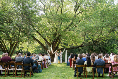 A bride and a groom between two trees during their wedding ceremony in Austin, Texas. 