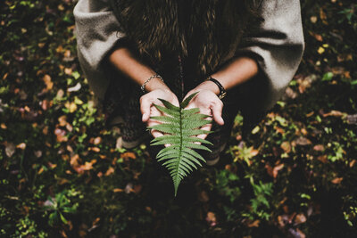 Woman behind fern leaf symbolizing sensitivity and presence