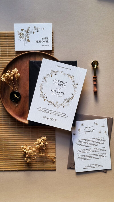 Nude and Black Floral Wedding Invitation Suite with dried floral wreath