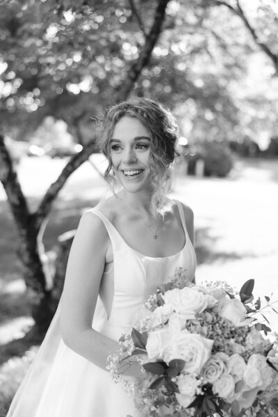 Black and white image of bride at Nashville countryside wedding