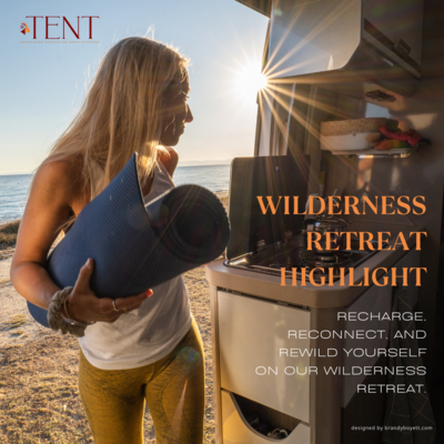 Tent social media template featuring modern outdoor lifestyle branding with bold typography and nature-inspired visuals.