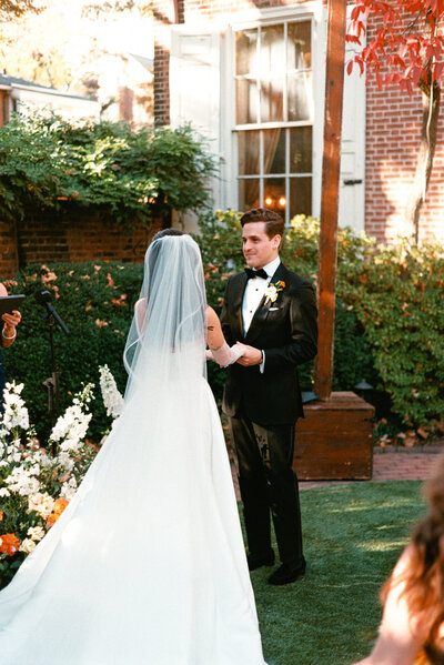 Groom reaction during ceremony at Glen Foerd Estate in Philadelphia, PA
