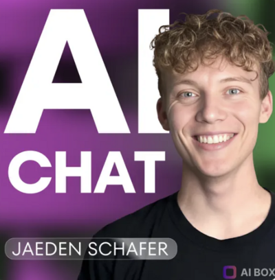 photo of a young male with curly short hair smiling at camera with the words ai chat in white