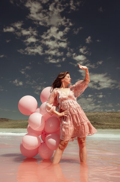 Cloudy Sky, Pink balloon, Women in pink dress, Posing, pink water