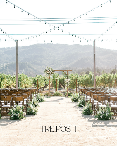 Outdoor vineyard ceremony setup at Tre Posti, a Napa Valley wedding venue with romantic mountain views.