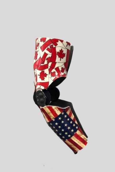 A custom knee brace featuring a design print with US and Canada flags.