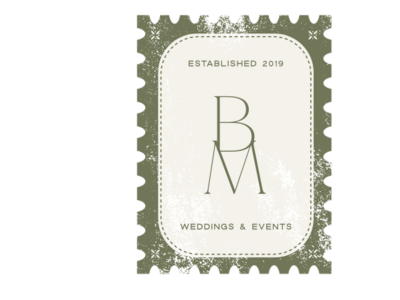Distressed olive and cream stamp graphic with "BM, weddings and events, established 2019"