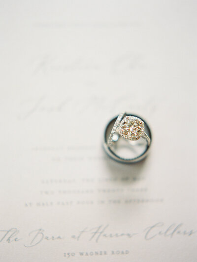 A wedding ring on a wedding invitation.