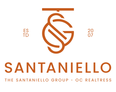 Santaniello logo featuring a monogram “SG,” established date, and the tagline “The Santaniello Group · OC Realtress” in terracotta.