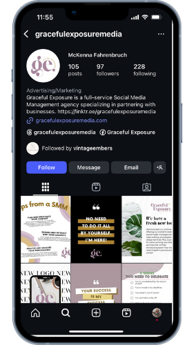 iPhone graphic displaying Instagram and social media platforms, illustrating Graceful Exposure Media’s focus on social media strategy, brand growth, and digital content marketing.