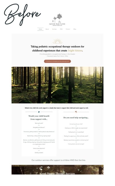 Before image of Good Nature Therapy’s website, illustrating the original design before the redesign.