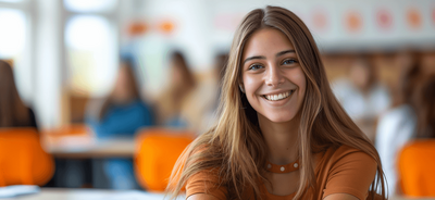 A cheerful young woman at a classroom table, radiating joy and enthusiasm for her school experience.