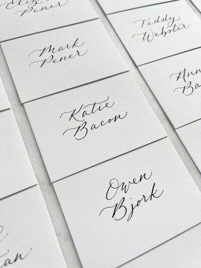 White place cards with elegant black ink calligraphy