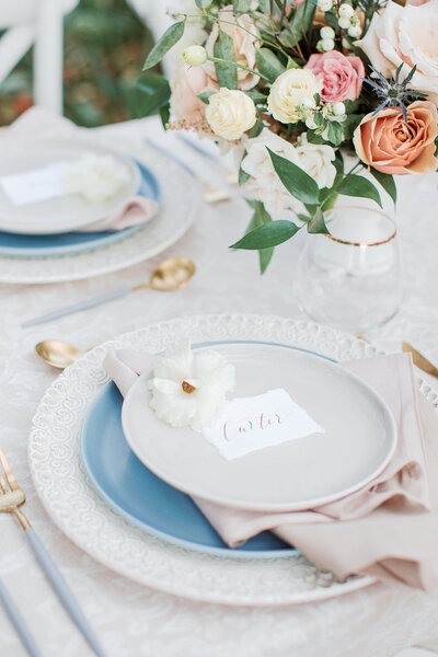 Handmade paper place card with calligraphy on plate for  Rhode Island wedding