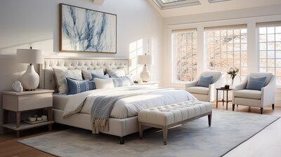 Master bedroom in creams and blues in a transitional style. Interior Designer Sugar Land.