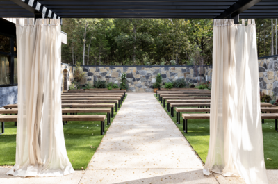 Rendering of mid century modern greenhouse wedding venue courtyard view
