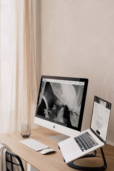 Elegant desktop and laptop display of the Claire Showit website template for wedding photographers. Perfect for photographers who want a modern, editorial-style website with seamless navigation, bold typography, and a luxury client experience—crafted by The Closers Society.
