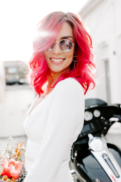 Riders Down the Aisle Wedding Stylized Shoot | Biker Offbeat Hot Pink Hair Harley – Kennewick, WA | Tin Sparrow Events + Alex Lasota Photography