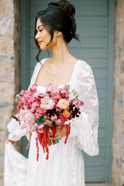 Wedding bridal bouquet at Silverleaf club in Scottsdale AZ features vibrant colors designed by Snapdragon Bloom Bar