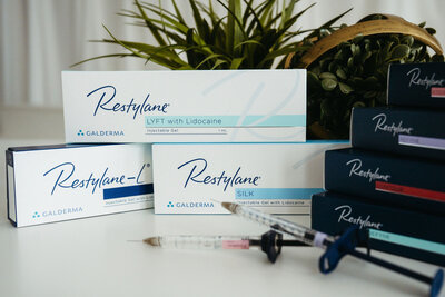 Restylane dermal filler boxes and syringes arranged with plants on counter