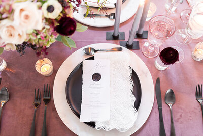 moody valentine wedding invitation mauve and marble wax seal menu deckled torn edge 3