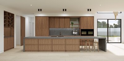 The open-plan kitchen at Nova, Newport featuring a large island bench, timber cabinetry, integrated appliances, and a modern, minimalist aesthetic.