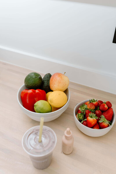 fruit and smoothie on counter