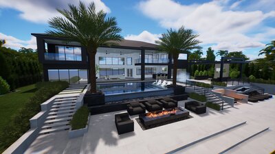 Modern tropical luxury backyard with infinity edge pool