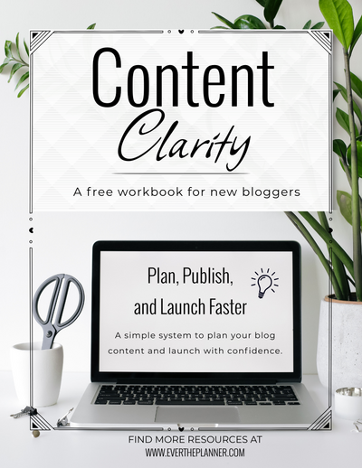 Cover image for the Content Clarity free workbook for new bloggers, featuring a laptop screen with the text Plan, Publish, and Launch Faster on a clean white background, with plants and desk accessories.