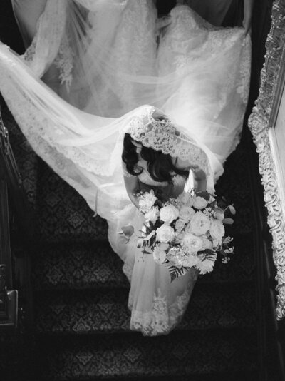 bride in cathedral veil and couture gown at Thornewood Castle wedding with Seattle Wedding Photographer Jacqueline Benét Photography